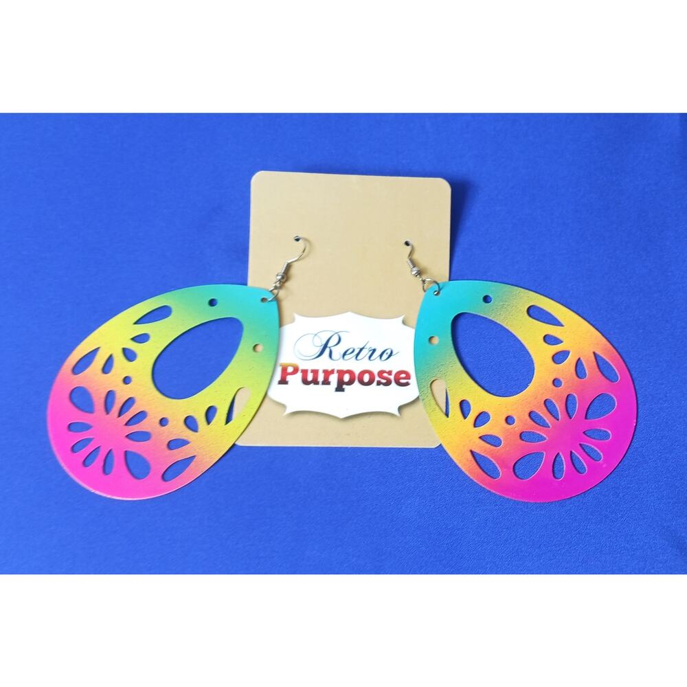Retro Purpose Rainbow Teardrop Cut Out Dangle Earrings